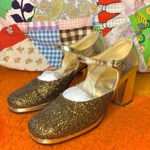 60s Vintage Gold and Bronze Glitter Mary Jane Heels